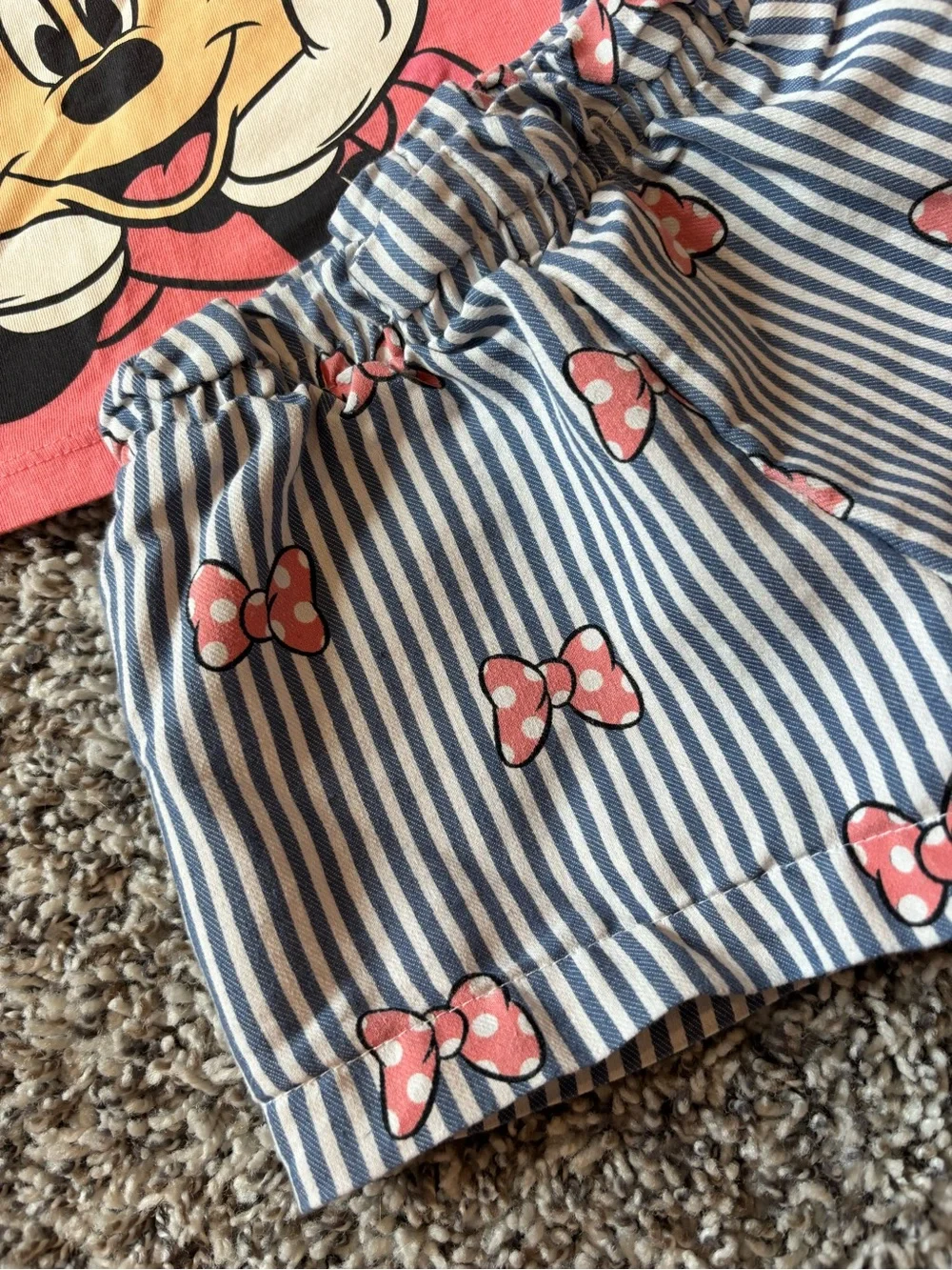 Disney Minnie Mouse Girls Coral Pink Top & Blue Stripe Shorts Matching Set